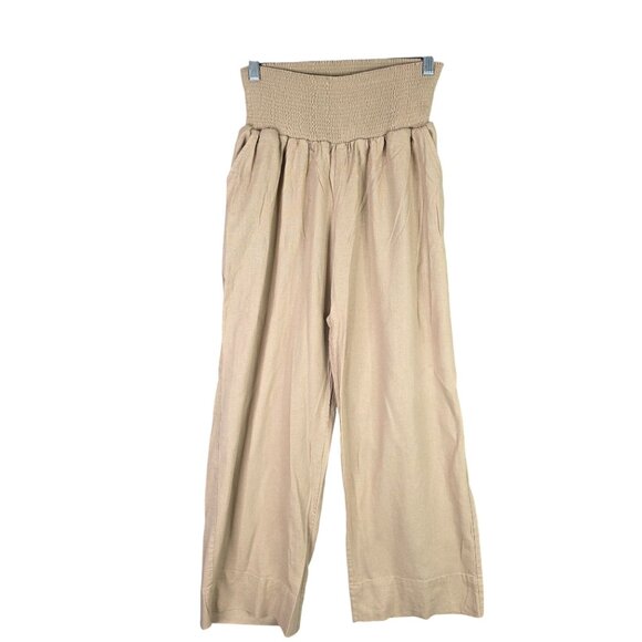 Womens Ingrid & Isabel Maternity Smocked Waist Tan Linen Blend Pants Size S - Picture 1 of 9
